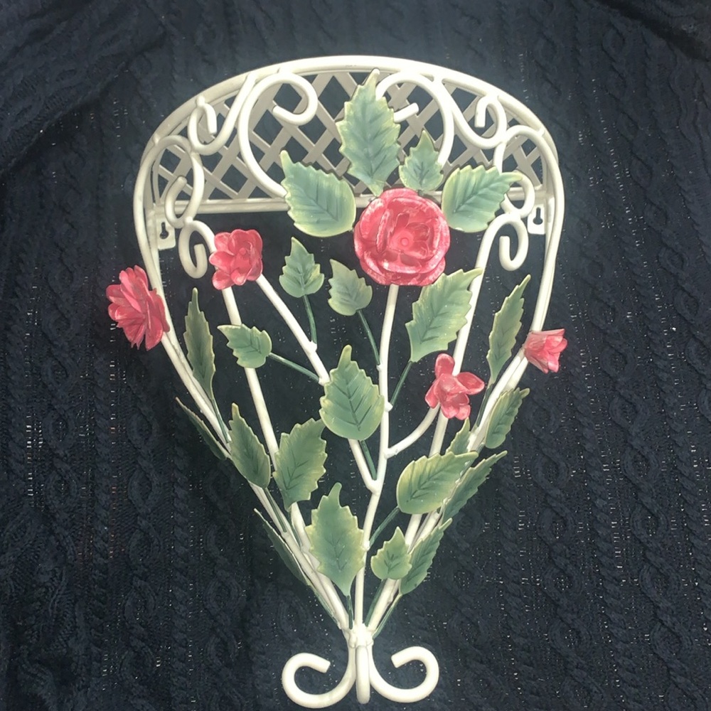 Vintage Shabby Chic Tole Ware Rose Metal Shelf Chippy Texture 13.5 x 16.5 inches